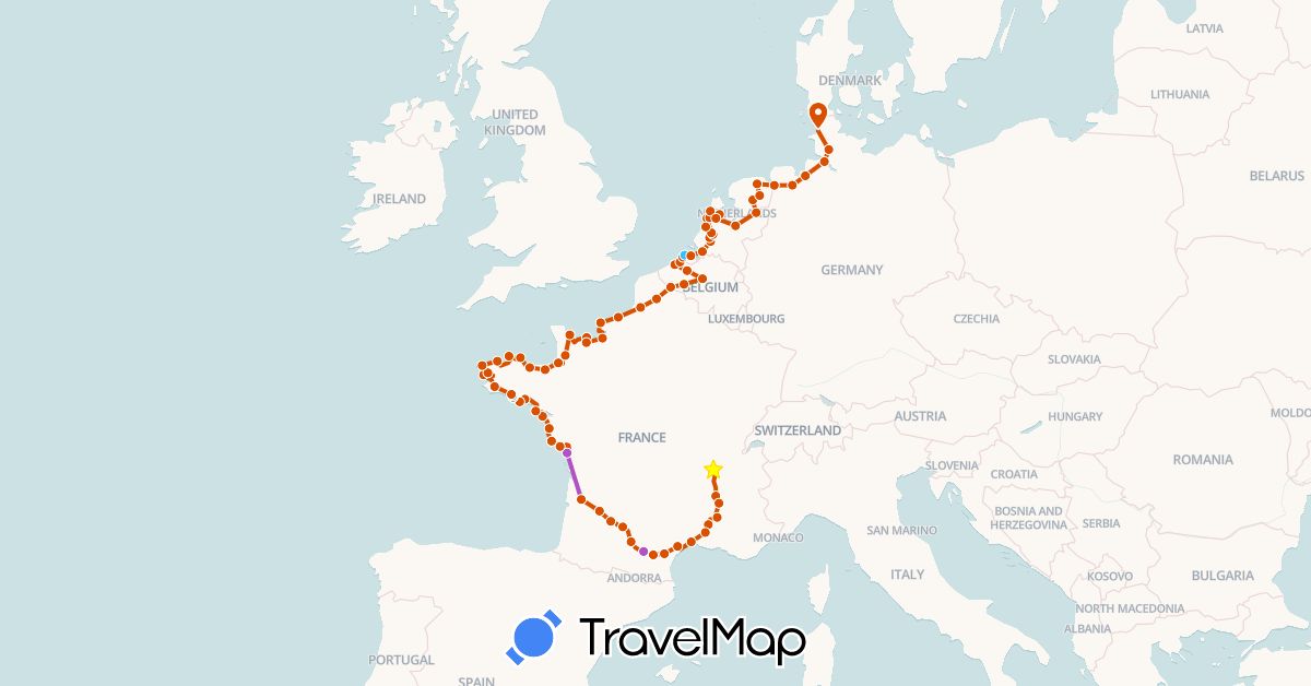 TravelMap itinerary: driving, train, boat, vélo in Belgium, Germany, France, Netherlands (Europe)